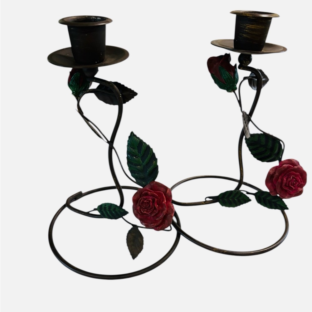Vintage Wrought Iron Rustic Rose Taper Candle Holders 7”